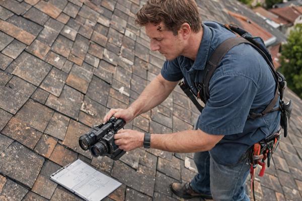 Professional roof inspector documenting roof condition